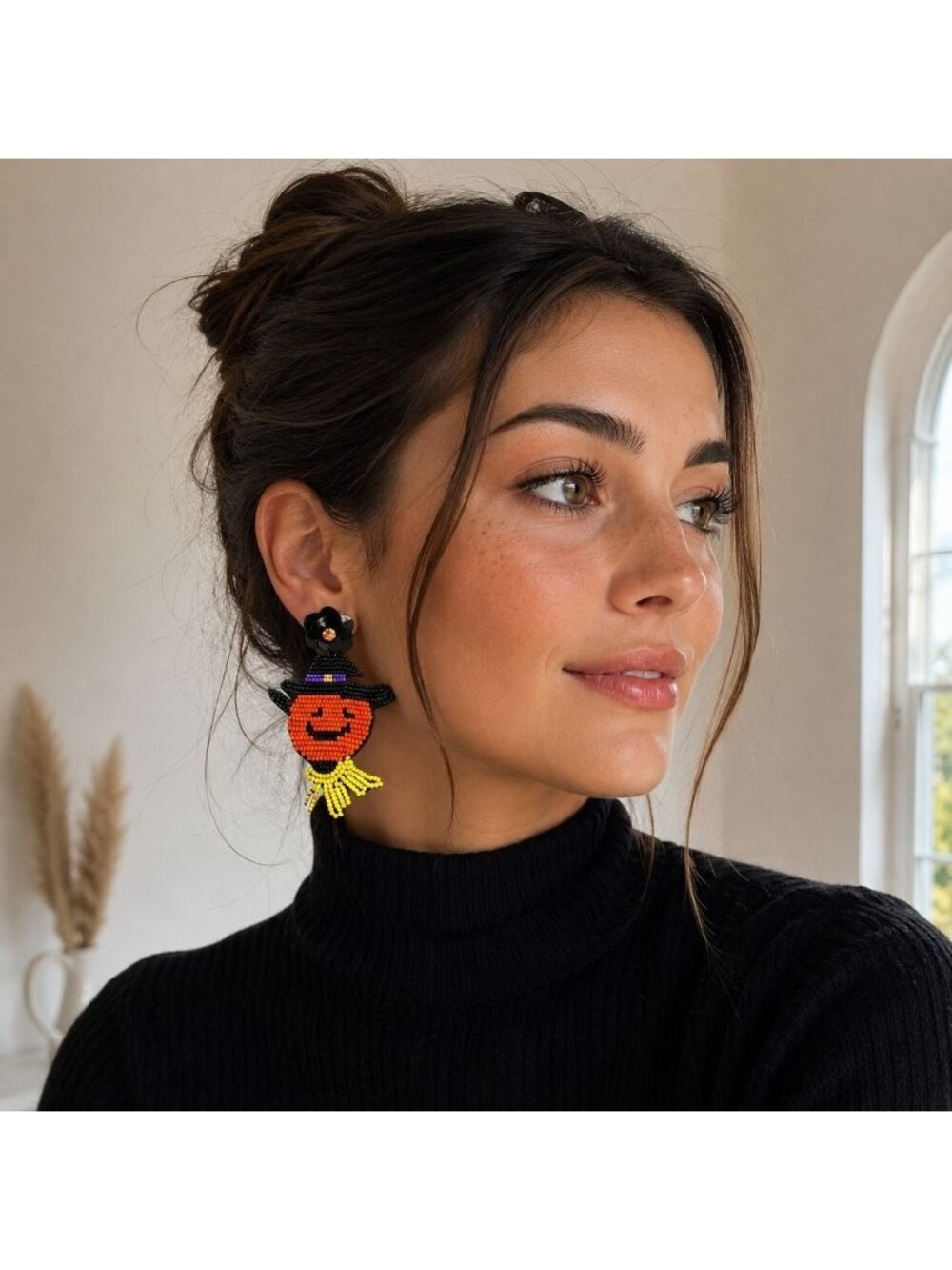 Artisan Halloween Pumpkin Witch Earrings Beaded Felt Back Statement Post Dangle